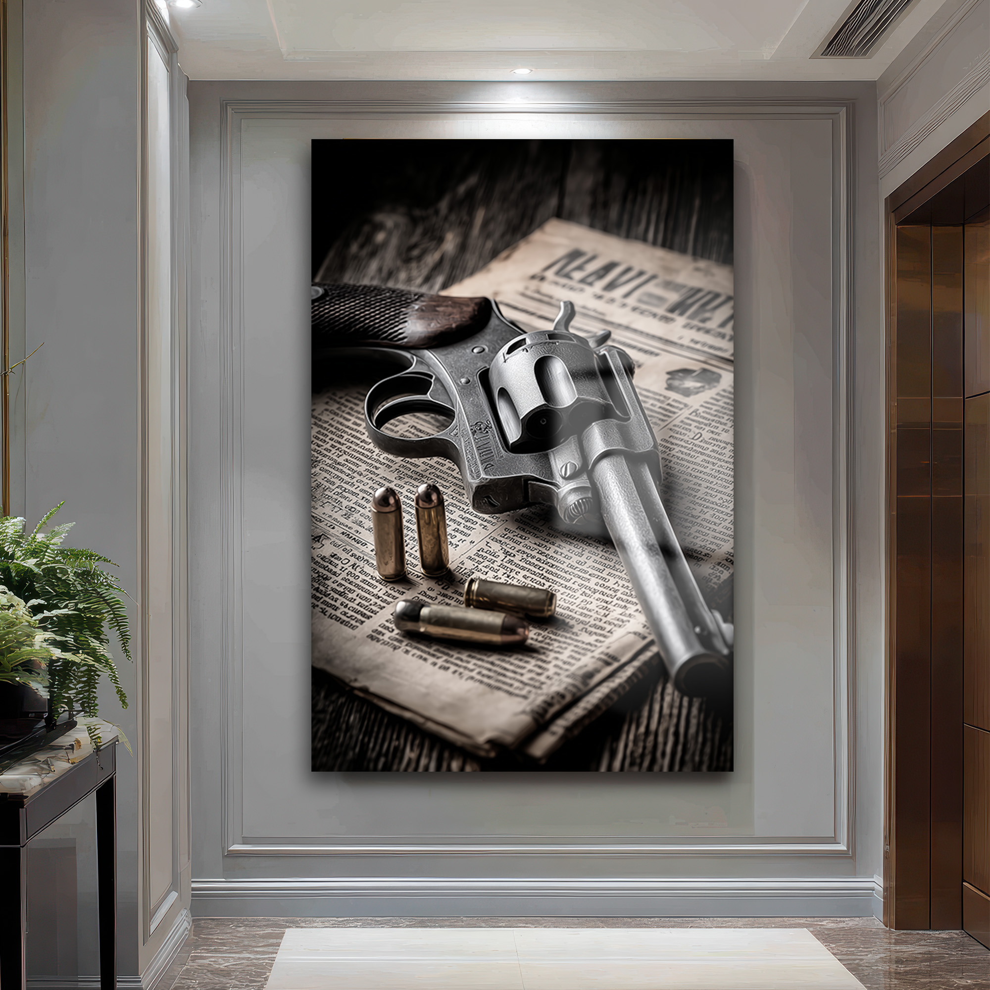 Zamanın İzleri: Revolver ve Gazete Temalı Dekoratif Cam Tablo Duvar Dekoru Zamanın İzleri: Revolver ve Gazete Temalı Dekoratif Cam Tablo