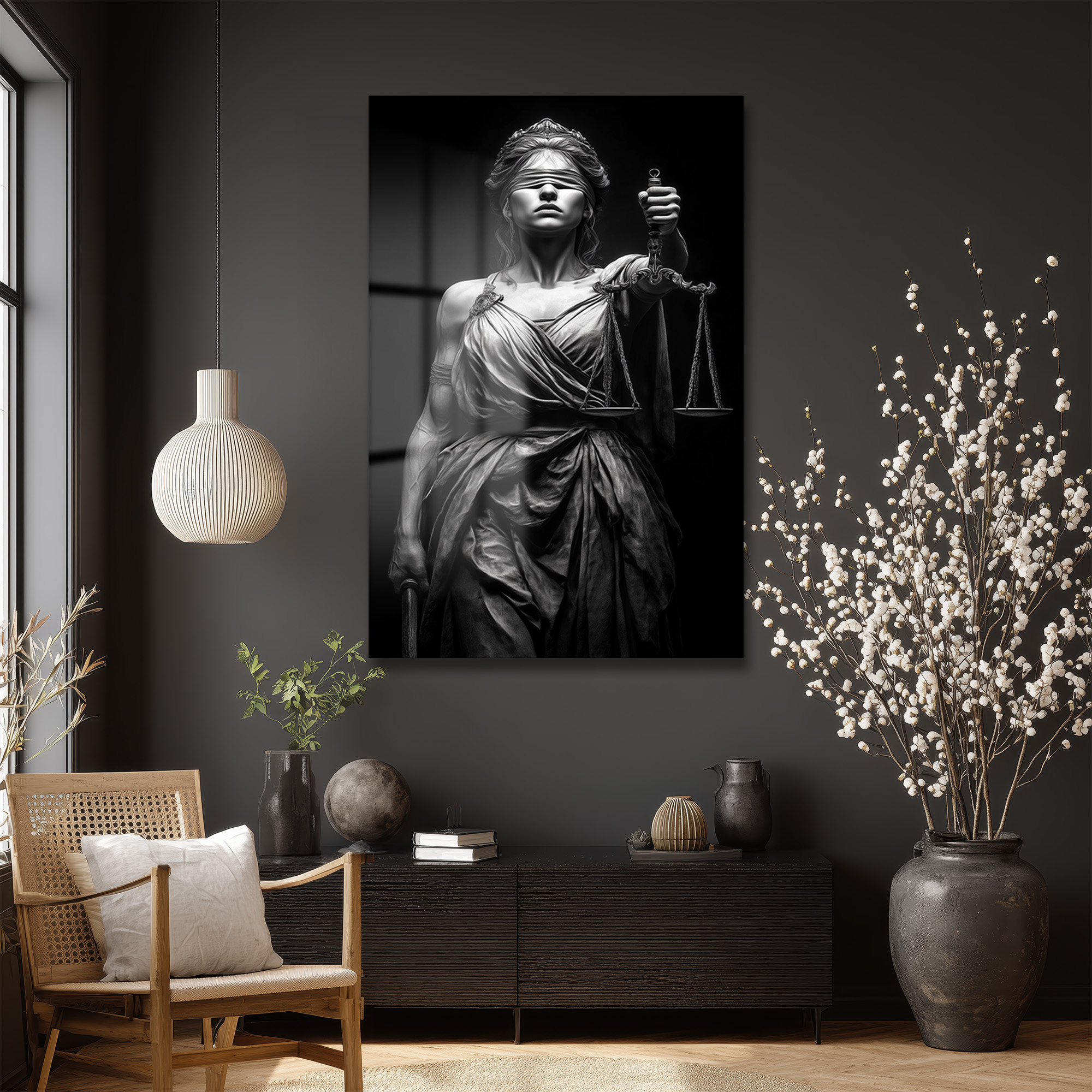 Adalet Tanrıçası Themis: Güçlü ve Modern Cam Tablo Duvar Dekoru Adalet Tanrıçası Themis: Güçlü ve Modern Cam Tablo