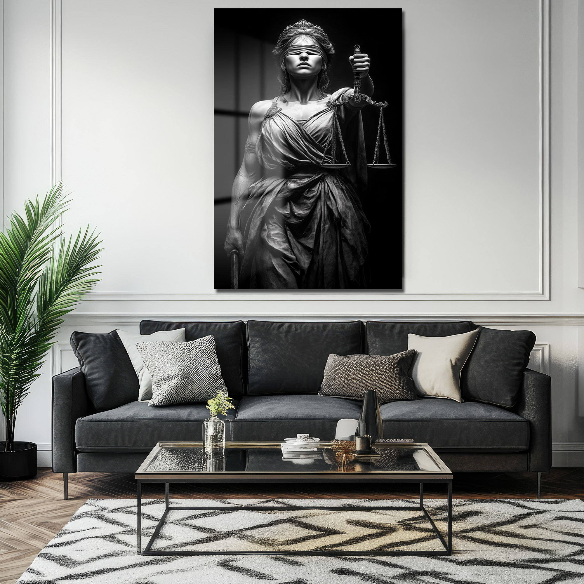 Adalet Tanrıçası Themis: Güçlü ve Modern Cam Tablo Duvar Dekoru Adalet Tanrıçası Themis: Güçlü ve Modern Cam Tablo