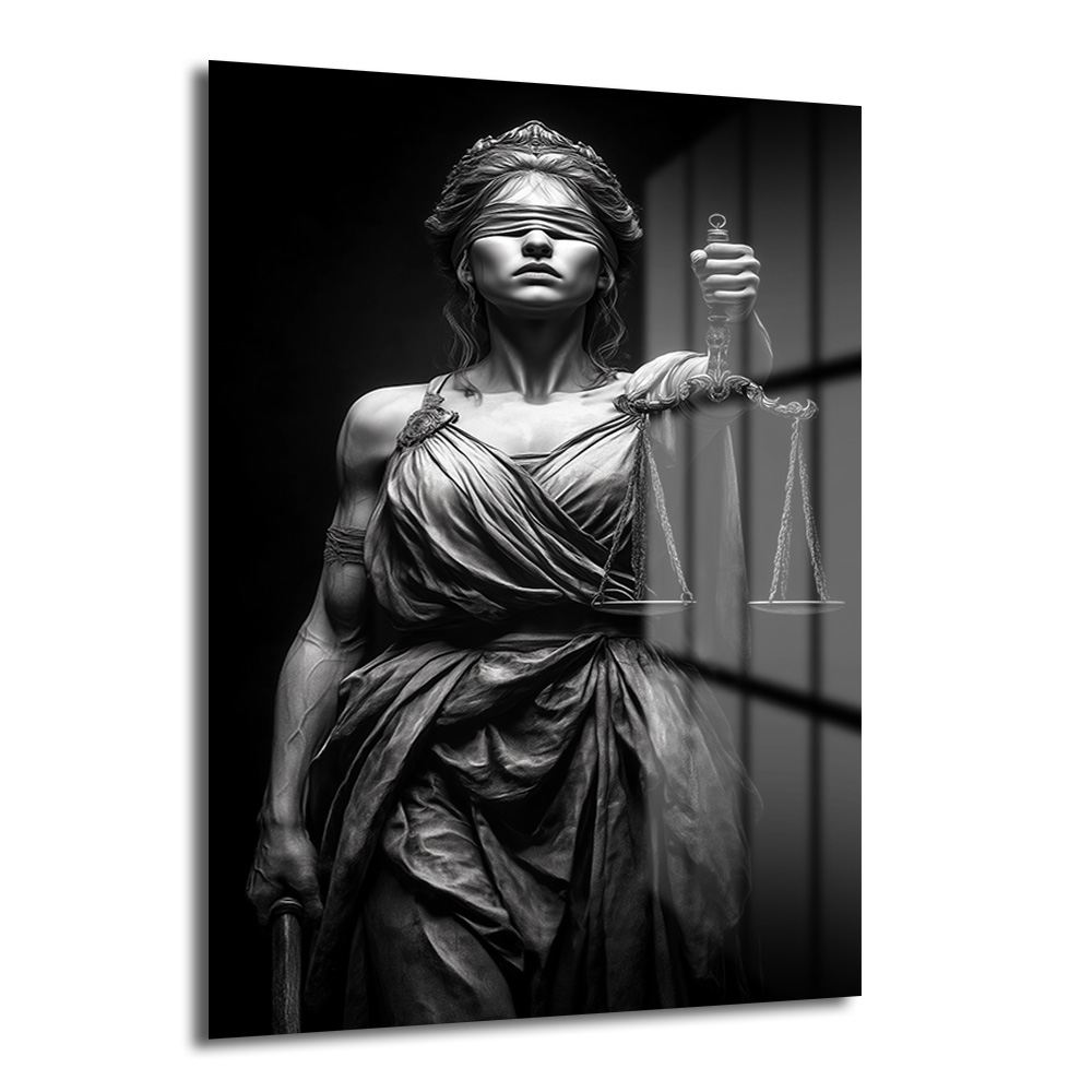 Adalet Tanrıçası Themis: Güçlü ve Modern Cam Tablo Duvar Dekoru Karanlık bir arka plan önünde duran, gözleri bağlı, terazili ve kılıçlı Adalet Tanrıçası Themis heykelinin siyah beyaz temperli cam tablo görseli, ofis ve salon dekorasyonu için ideal.