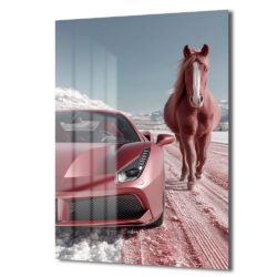 Kızıl Rüyalar: Ferrari ve Atın Büyülü Karşılaşması Temperli Cam Tablo
