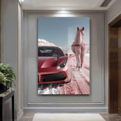Kızıl Rüyalar: Ferrari ve Atın Büyülü Karşılaşması Temperli Cam Tablo