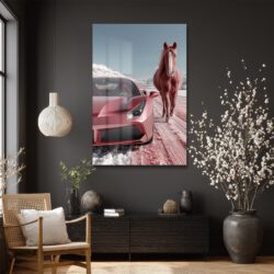 Kızıl Rüyalar: Ferrari ve Atın Büyülü Karşılaşması Temperli Cam Tablo