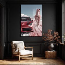 Kızıl Rüyalar: Ferrari ve Atın Büyülü Karşılaşması Temperli Cam Tablo