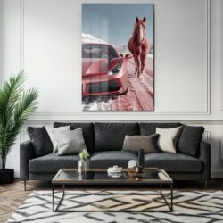 Kızıl Rüyalar: Ferrari ve Atın Büyülü Karşılaşması Temperli Cam Tablo