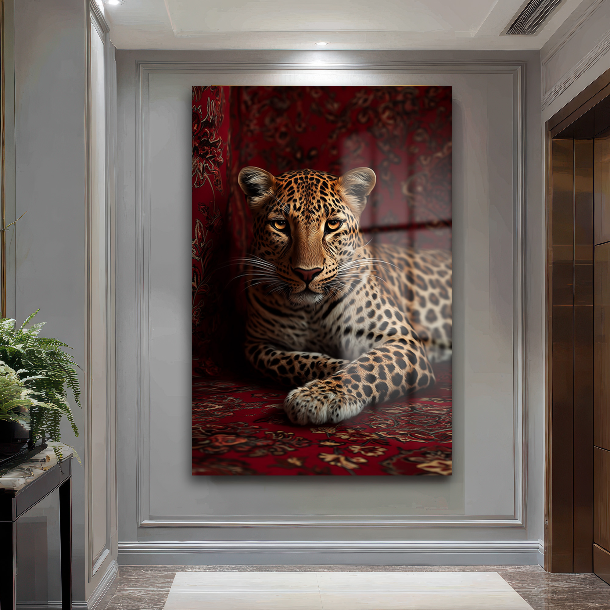 Asil Bakış: Leopar Temalı Lüks Kırmızı Temperli Cam Tablo Duvar Dekoru Asil Bakış: Leopar Temalı Lüks Kırmızı Temperli Cam Tablo