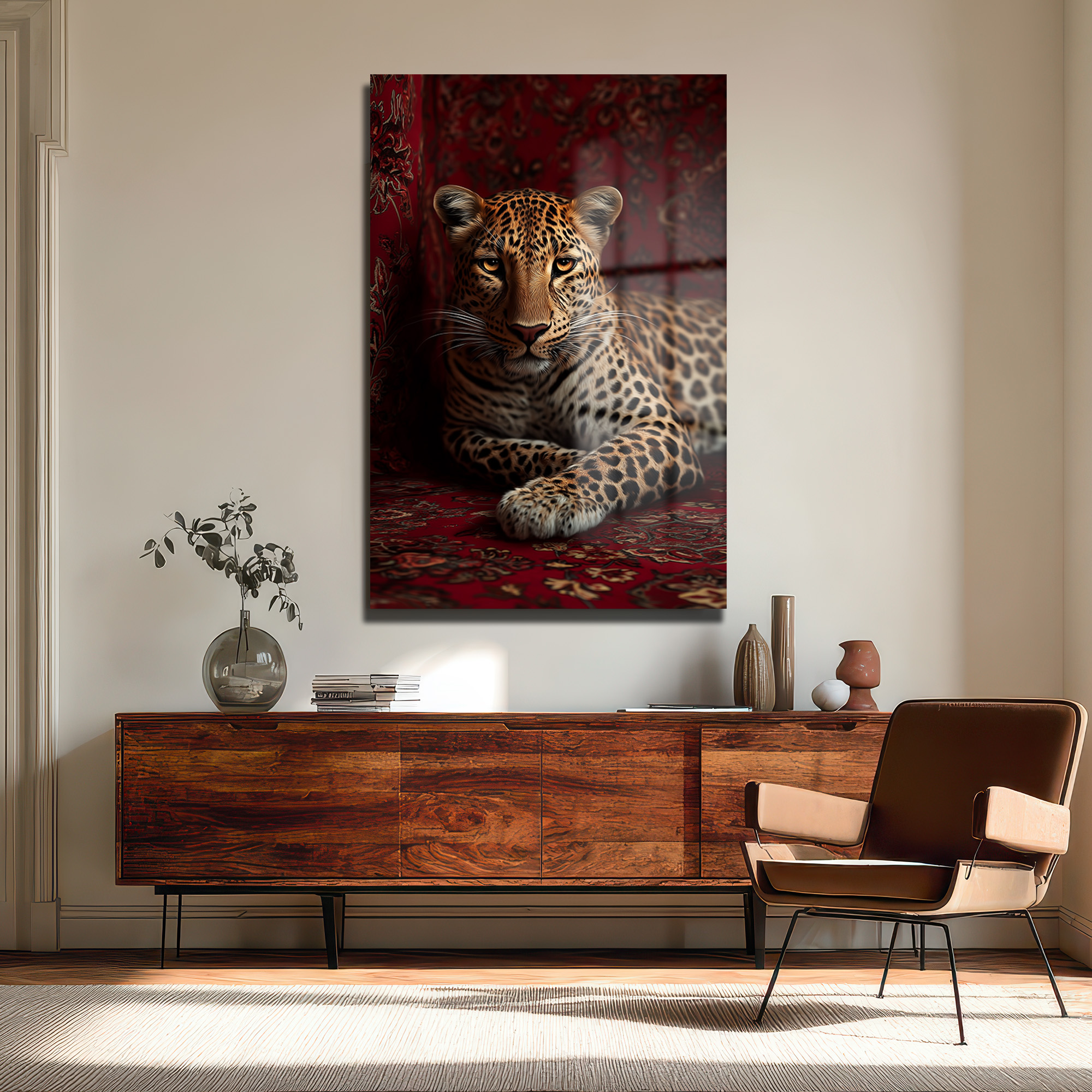 Asil Bakış: Leopar Temalı Lüks Kırmızı Temperli Cam Tablo Duvar Dekoru Asil Bakış: Leopar Temalı Lüks Kırmızı Temperli Cam Tablo