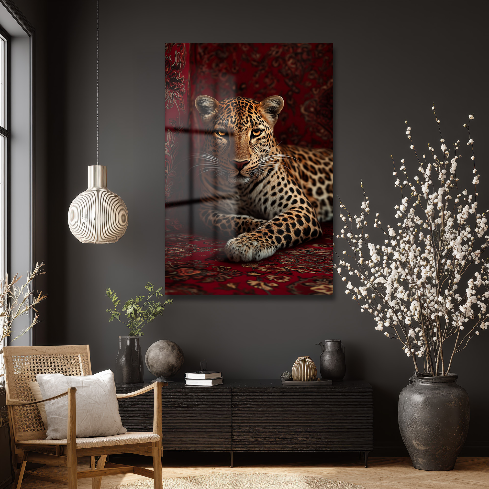 Asil Bakış: Leopar Temalı Lüks Kırmızı Temperli Cam Tablo Duvar Dekoru Asil Bakış: Leopar Temalı Lüks Kırmızı Temperli Cam Tablo