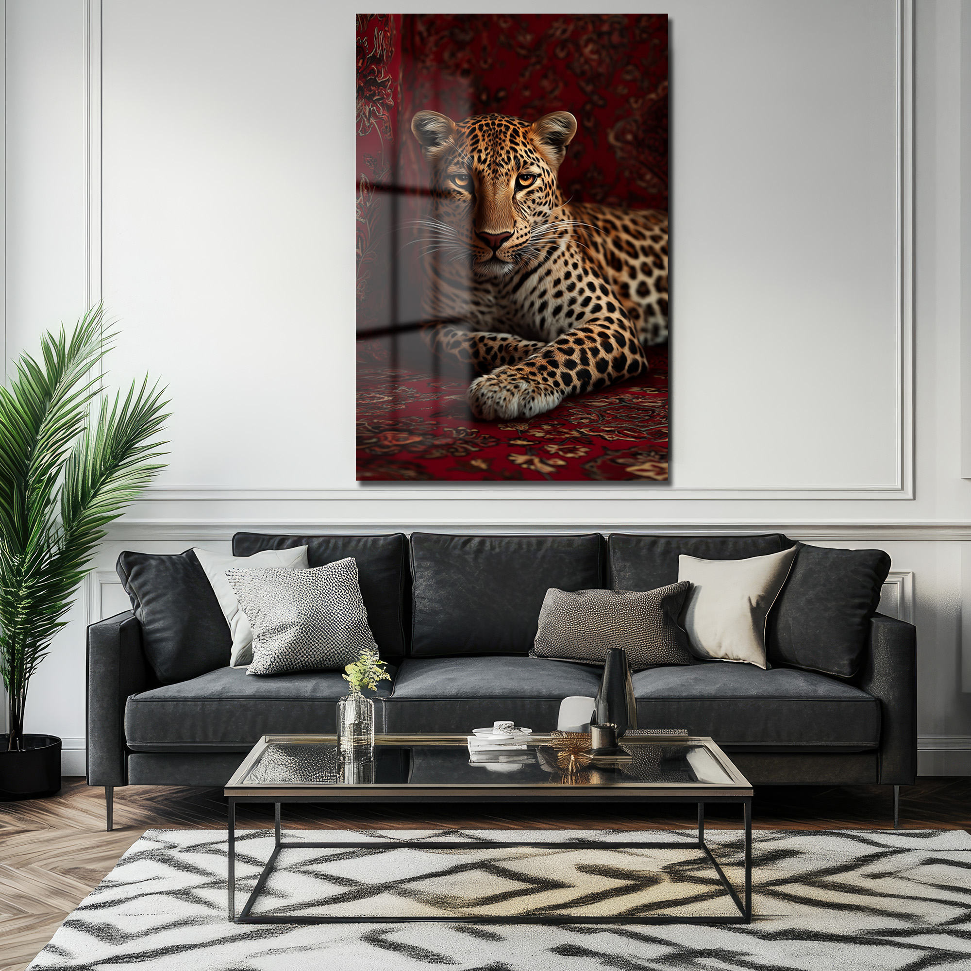 Asil Bakış: Leopar Temalı Lüks Kırmızı Temperli Cam Tablo Duvar Dekoru Asil Bakış: Leopar Temalı Lüks Kırmızı Temperli Cam Tablo