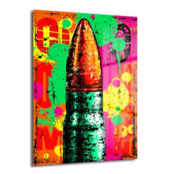 Enerjik Patlama: Pop Art Mermi Temalı Dekoratif Cam Tablo Duvar Dekoru Canlı neon renklerde (kırmızı, yeşil, pembe, sarı) graffiti ve sıçrama efektleri arka planında, merkezde stilize edilmiş bir mermi görseli bulunan pop art tarzı temperli cam tablo.