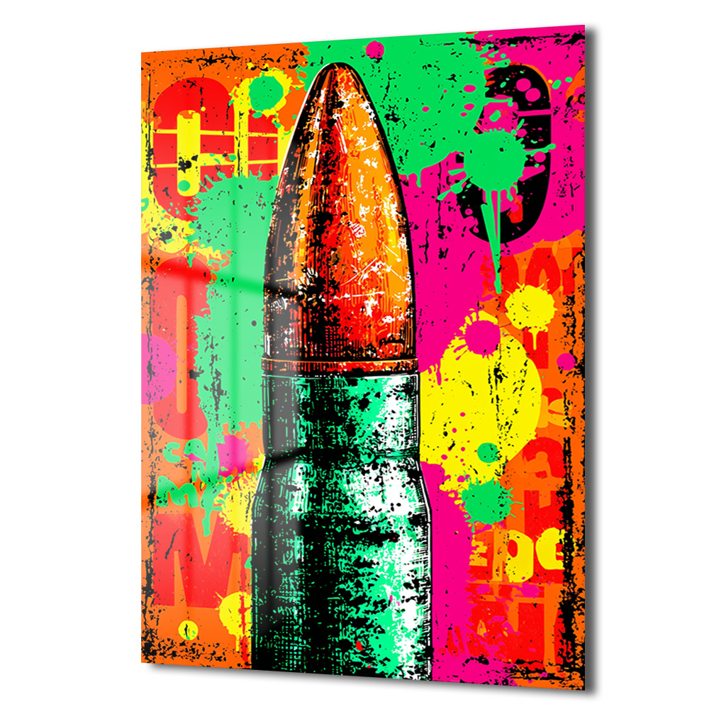 Enerjik Patlama: Pop Art Mermi Temalı Dekoratif Cam Tablo Duvar Dekoru Enerjik Patlama: Pop Art Mermi Temalı Dekoratif Cam Tablo