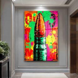 Enerjik Patlama: Pop Art Mermi Temalı Dekoratif Cam Tablo Duvar Dekoru Enerjik Patlama: Pop Art Mermi Temalı Dekoratif Cam Tablo