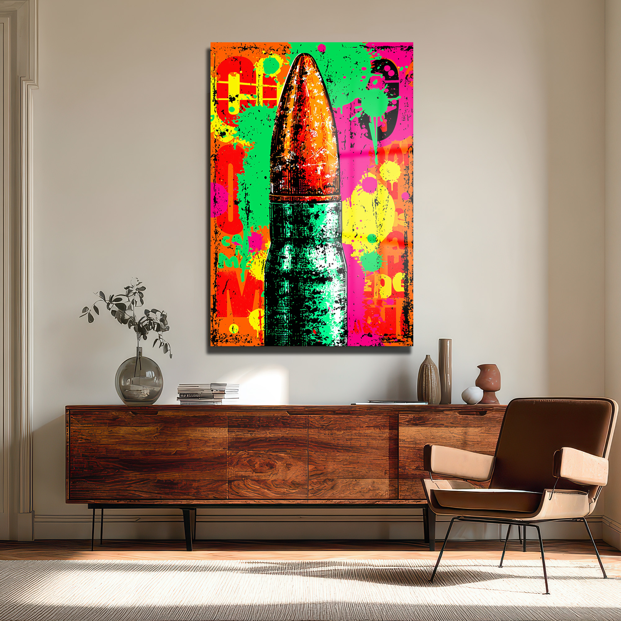 Enerjik Patlama: Pop Art Mermi Temalı Dekoratif Cam Tablo Duvar Dekoru Enerjik Patlama: Pop Art Mermi Temalı Dekoratif Cam Tablo