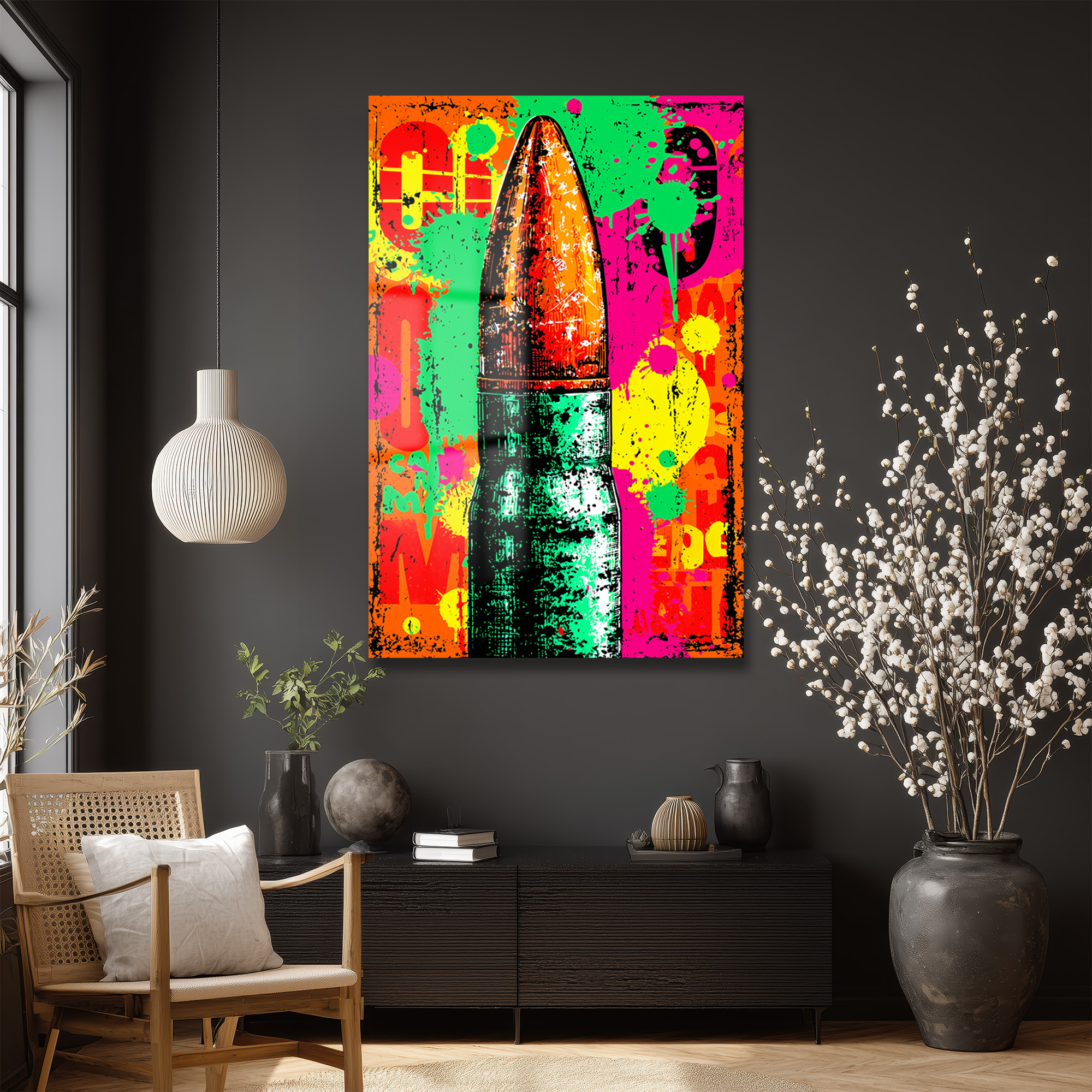 Enerjik Patlama: Pop Art Mermi Temalı Dekoratif Cam Tablo Duvar Dekoru Enerjik Patlama: Pop Art Mermi Temalı Dekoratif Cam Tablo