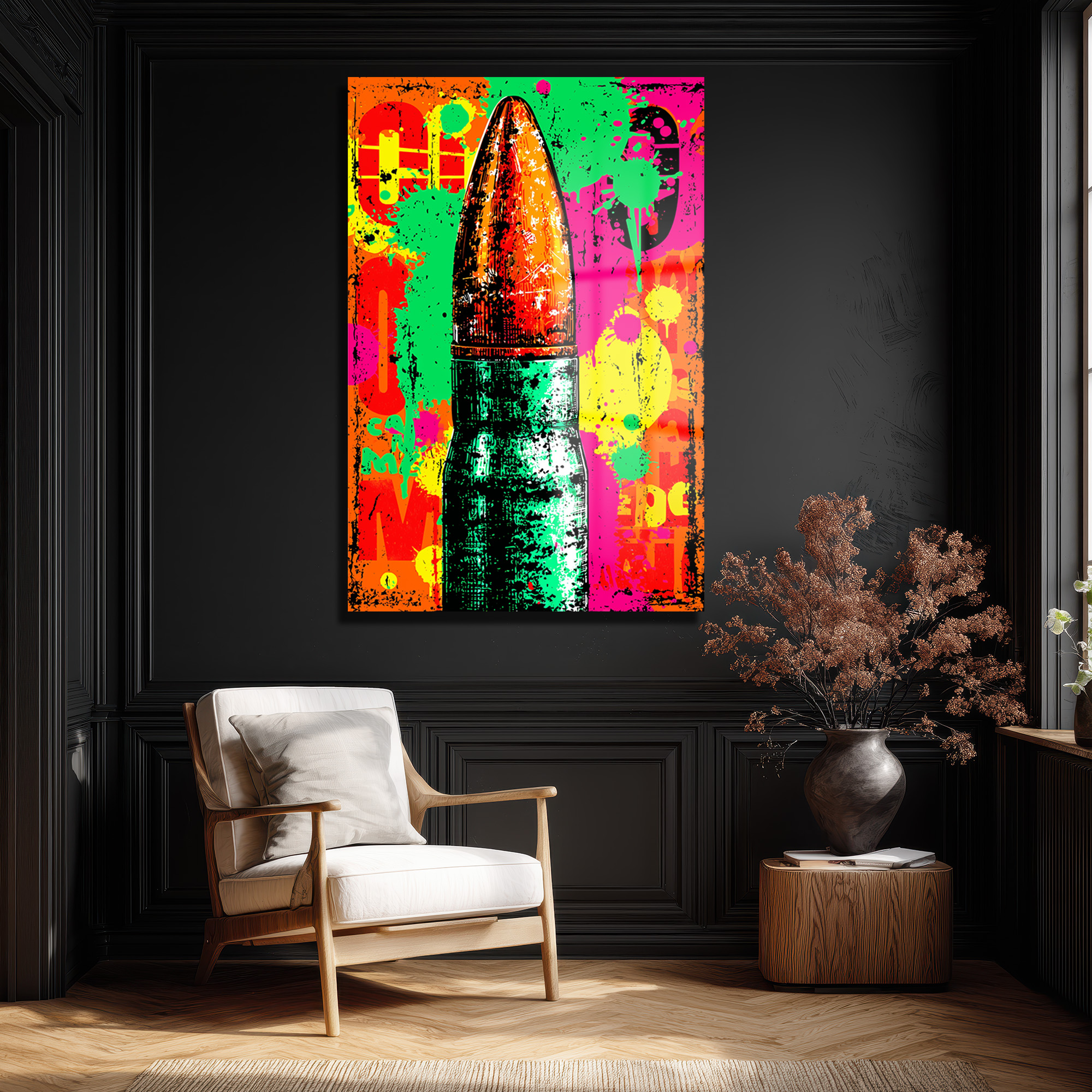 Enerjik Patlama: Pop Art Mermi Temalı Dekoratif Cam Tablo Duvar Dekoru Enerjik Patlama: Pop Art Mermi Temalı Dekoratif Cam Tablo