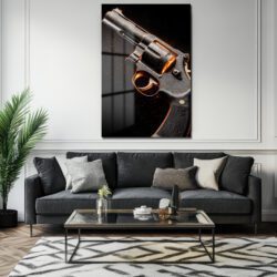 Altın Işıltılı Gravürlü Revolver Cam Tablo: Gücün Sanatsal Yansıması Duvar Dekoru Altın Işıltılı Gravürlü Revolver Cam Tablo: Gücün Sanatsal Yansıması
