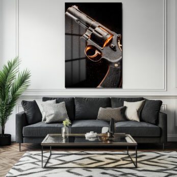 Altın Işıltılı Gravürlü Revolver Cam Tablo: Gücün Sanatsal Yansıması - Glazella