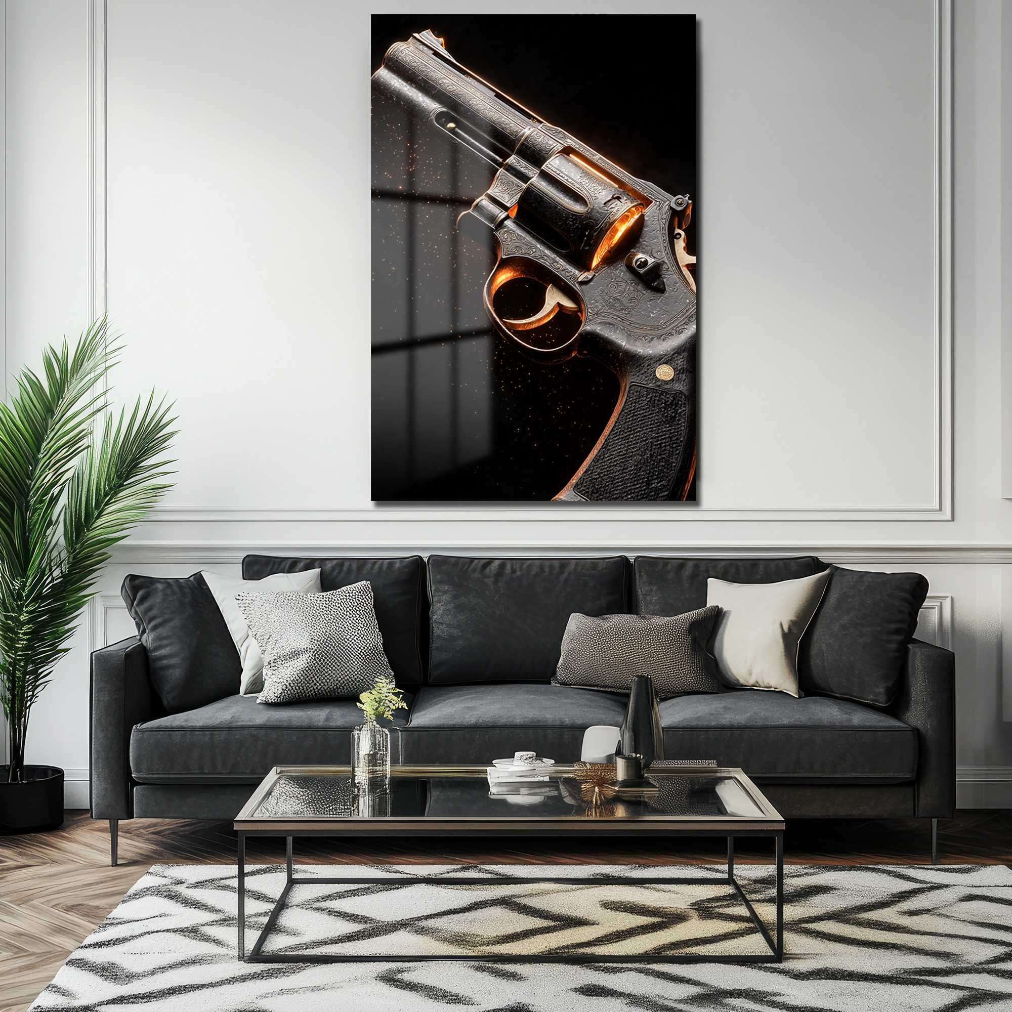Altın Işıltılı Gravürlü Revolver Cam Tablo: Gücün Sanatsal Yansıması Duvar Dekoru Altın Işıltılı Gravürlü Revolver Cam Tablo: Gücün Sanatsal Yansıması