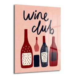 Pembe arka plan üzerinde farklı stilize şarap şişeleri ve 'Wine Club' yazısı bulunan modern illüstratif temperli cam tablo, mutfak ve bar dekorasyonu için ideal.