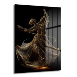 Siyah zemin üzerinde altın rengi ışıltılı soyut dansçı figürleri içeren modern temperli cam tablo, salon duvar dekorasyonu için ideal.