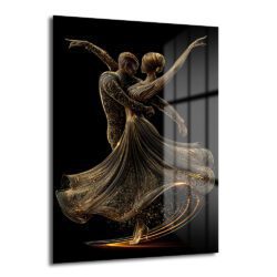 Altın Dansçılar: Modern Sanat Temperli Cam Tablo Duvar Dekoru Siyah zemin üzerinde altın rengi çizgiler ve parıltılarla soyutlanmış, dans eden erkek ve kadın figürlerini gösteren modern temperli cam tablo, lüks salon dekorasyonu için ideal.