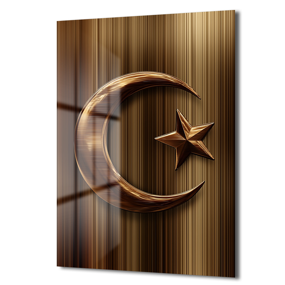 Altın Hilal ve Yıldız: Manevi Dokunuşlu Dekoratif Cam Tablo Duvar Dekoru Altın Hilal ve Yıldız: Manevi Dokunuşlu Dekoratif Cam Tablo