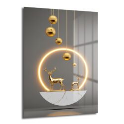 Altın Geyiklerin Dansı: Lüks Modern Cam Tablo Duvar Dekoru Gri zeminde altın renkli iki geyik figürü ve parlak neon sarı bir halka bulunan modern, lüks tasarımlı temperli cam tablo, salon duvar dekorasyonu için ideal.