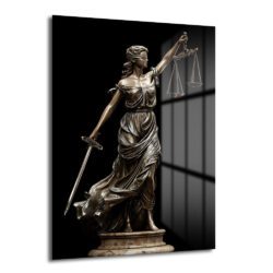 Gözleri bağlı Themis Adalet Heykeli'nin bronz renginde, kılıç ve terazi tutan detaylı cam tablosu, modern ofis ve salon duvar dekorasyonu için idealdir.