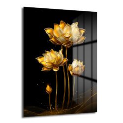 Altın Lotus Zarafeti: Siyah Fonlu Modern Temperli Cam Tablo - Glazella