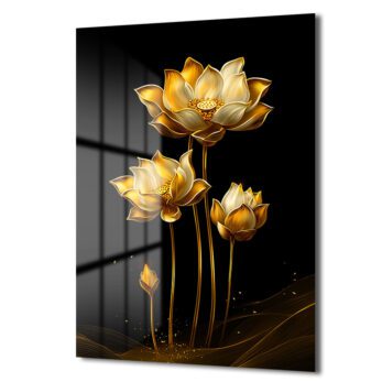 Altın Lotus Zarafeti: Siyah Fonlu Modern Temperli Cam Tablo - Glazella