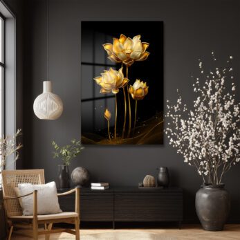 Altın Lotus Zarafeti: Siyah Fonlu Modern Temperli Cam Tablo - Glazella
