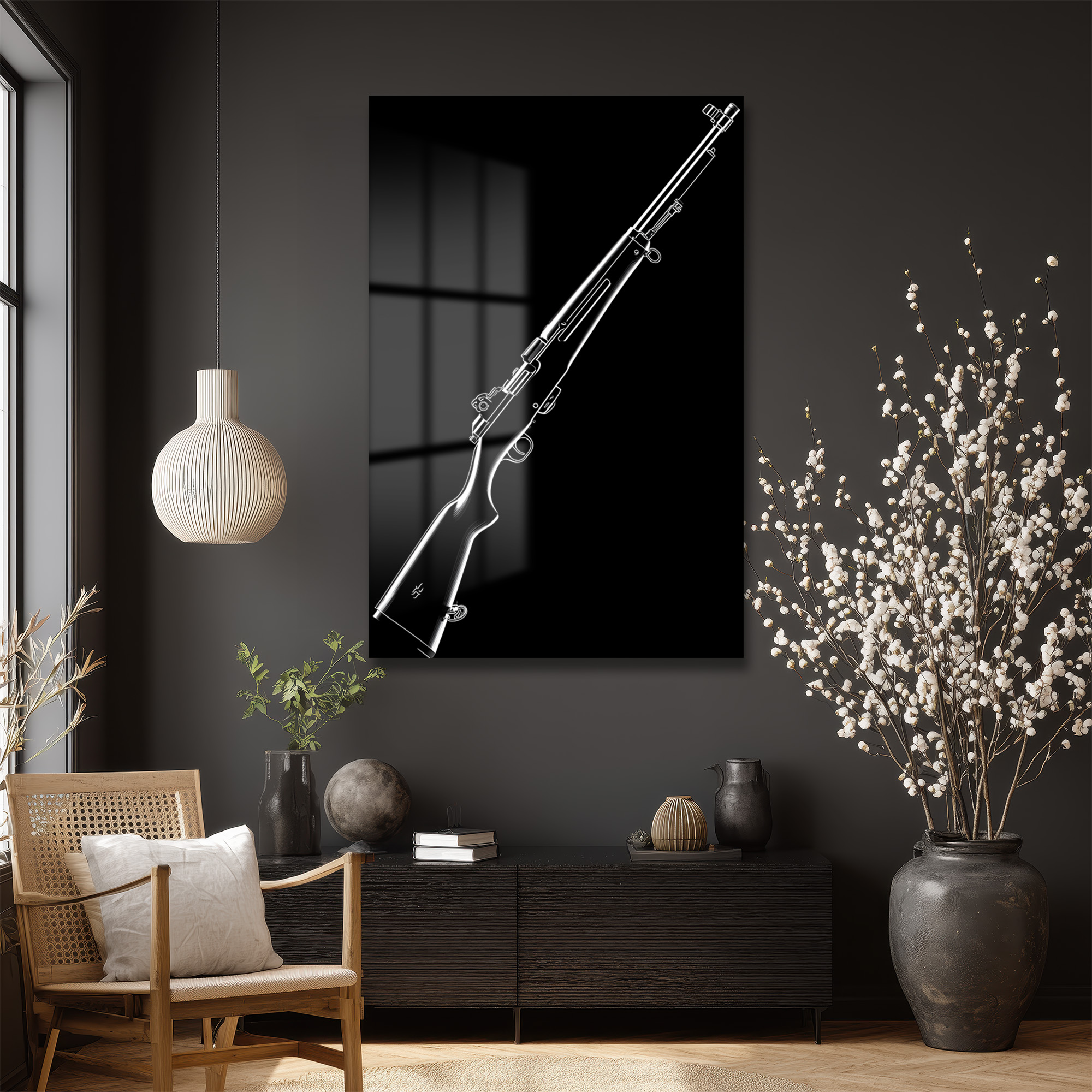 Güçlü Silüet: Minimalist Tüfek Çizimi Cam Tablo - Glazella Güçlü Silüet: Minimalist Tüfek Çizimi Cam Tablo - Glazella