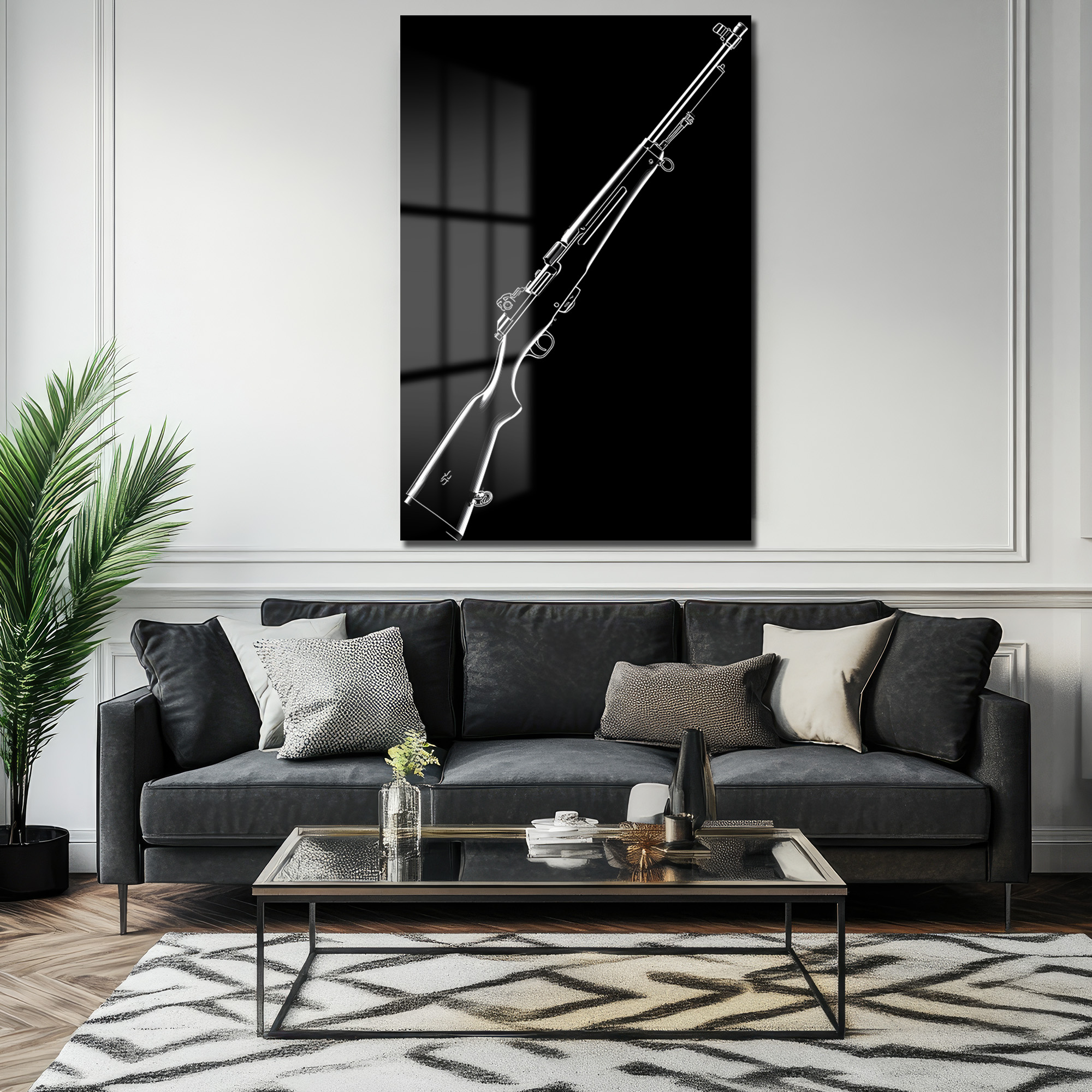 Güçlü Silüet: Minimalist Tüfek Çizimi Cam Tablo - Glazella Güçlü Silüet: Minimalist Tüfek Çizimi Cam Tablo - Glazella