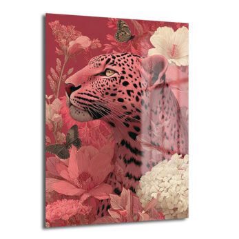Büyüleyici Pembe Leopar: Çiçek Bahçesinde Modern Temperli Cam Tablo - Glazella