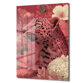 Büyüleyici Pembe Leopar: Çiçek Bahçesinde Modern Temperli Cam Tablo - Glazella