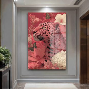 Büyüleyici Pembe Leopar: Çiçek Bahçesinde Modern Temperli Cam Tablo - Glazella