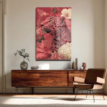 Büyüleyici Pembe Leopar: Çiçek Bahçesinde Modern Temperli Cam Tablo - Glazella