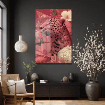 Büyüleyici Pembe Leopar: Çiçek Bahçesinde Modern Temperli Cam Tablo - Glazella