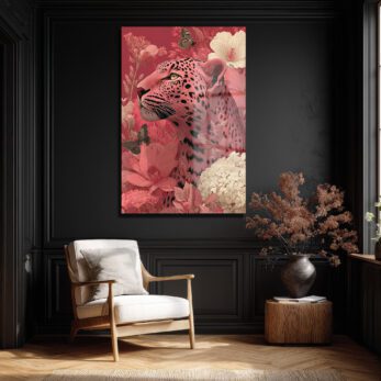 Büyüleyici Pembe Leopar: Çiçek Bahçesinde Modern Temperli Cam Tablo - Glazella