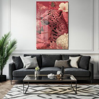 Büyüleyici Pembe Leopar: Çiçek Bahçesinde Modern Temperli Cam Tablo - Glazella