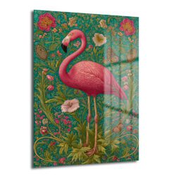 Yeşil ve pembe tonlarda, Art Nouveau esintili botanik desenlerin ortasında duran zarif pembe flamingo figürlü, parlak yüzeyli temperli cam tablo.