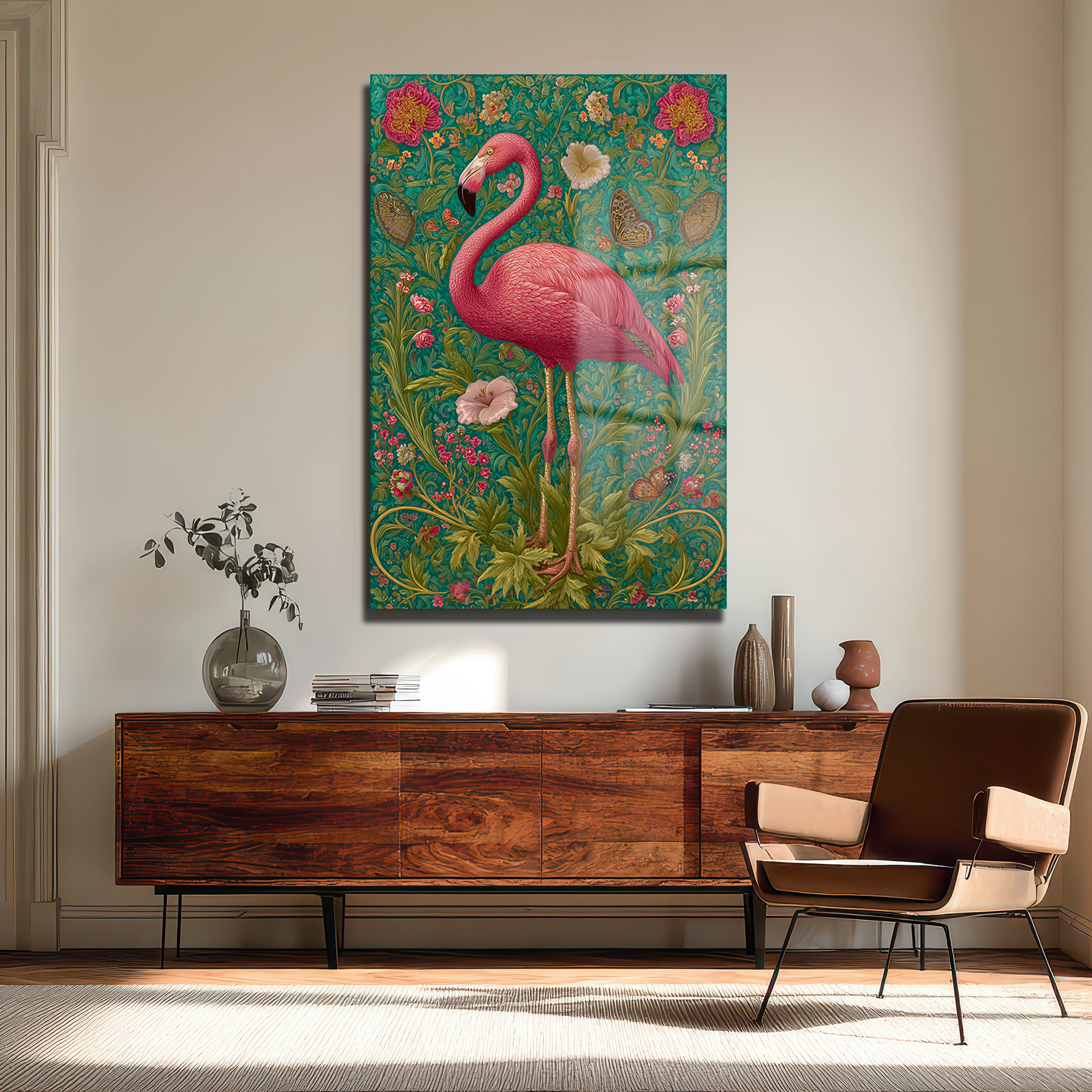 Flamingo Rüyası: Art Nouveau Tarzı Canlı Pembe Dekoratif Cam Tablo Duvar Dekoru Flamingo Rüyası: Art Nouveau Tarzı Canlı Pembe Dekoratif Cam Tablo