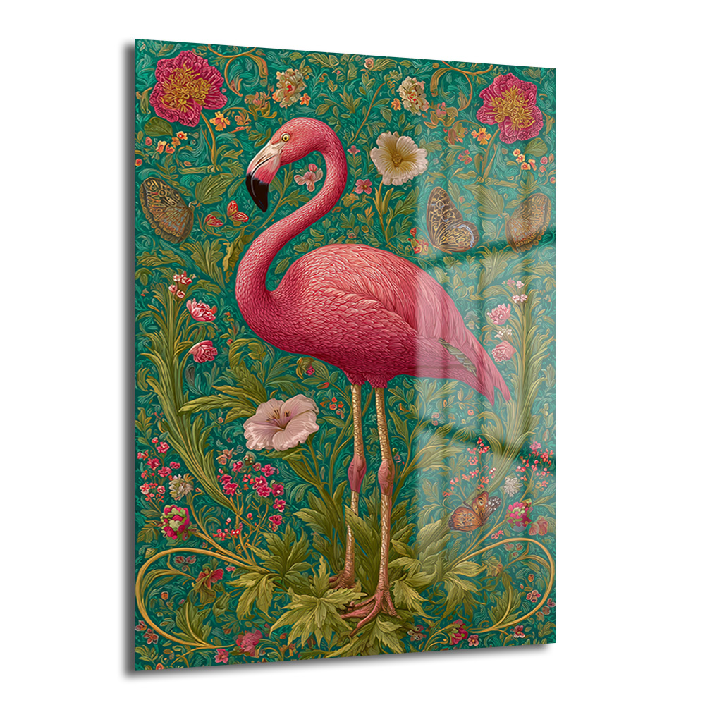 Flamingo Rüyası: Art Nouveau Tarzı Canlı Pembe Dekoratif Cam Tablo Duvar Dekoru Yeşil ve pembe tonlarda, Art Nouveau esintili botanik desenlerin ortasında duran zarif pembe flamingo figürlü, parlak yüzeyli temperli cam tablo.