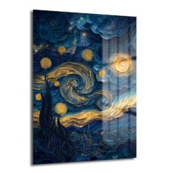 Van Gogh'un Yıldızlı Gece tablosundan esinlenilmiş, mavi ve altın tonlarında girdaplı desenlere sahip temperli cam tablo, modern salon dekorasyonu için.