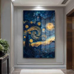 Yıldızlı Gece Modern Yorum: Mavi Altın Temperli Cam Tablo Duvar Dekoru Yıldızlı Gece Modern Yorum: Mavi Altın Temperli Cam Tablo