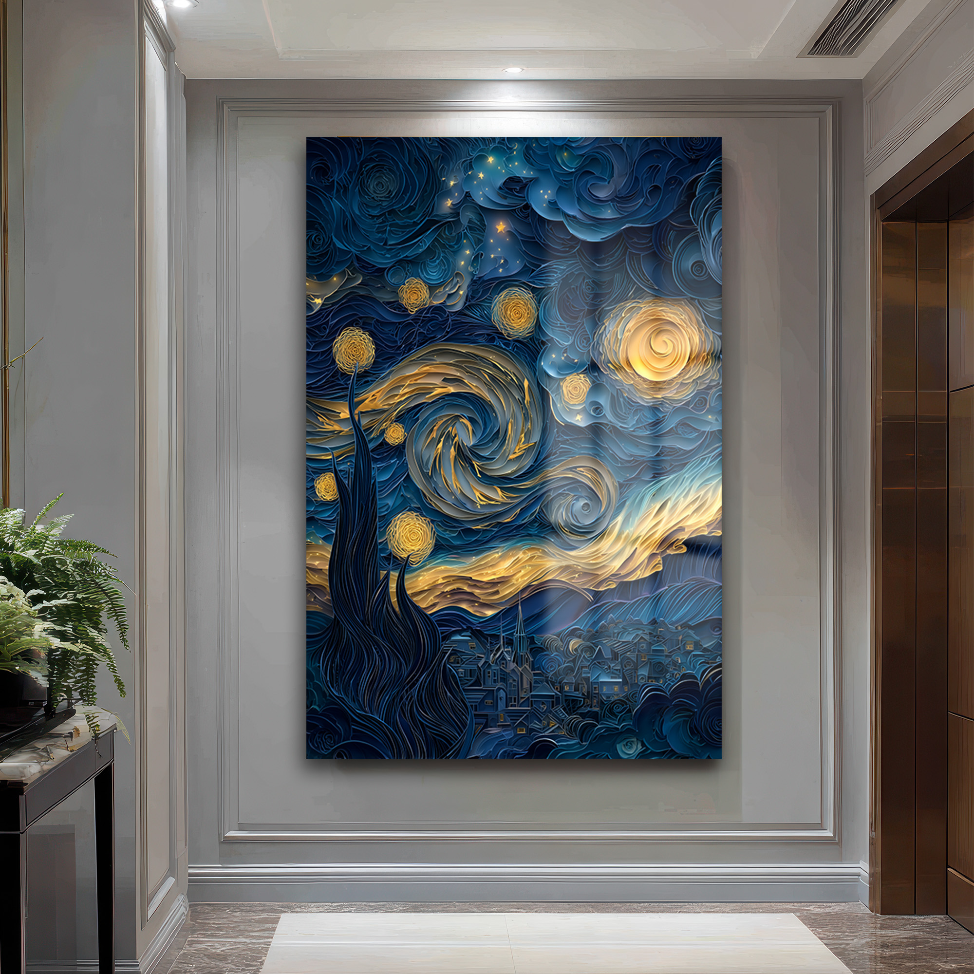 Yıldızlı Gece Modern Yorum: Mavi Altın Temperli Cam Tablo Duvar Dekoru Yıldızlı Gece Modern Yorum: Mavi Altın Temperli Cam Tablo