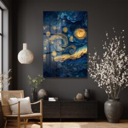 Yıldızlı Gece Modern Yorum: Mavi Altın Temperli Cam Tablo Duvar Dekoru Yıldızlı Gece Modern Yorum: Mavi Altın Temperli Cam Tablo