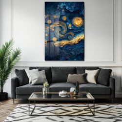 Yıldızlı Gece Modern Yorum: Mavi Altın Temperli Cam Tablo Duvar Dekoru Yıldızlı Gece Modern Yorum: Mavi Altın Temperli Cam Tablo