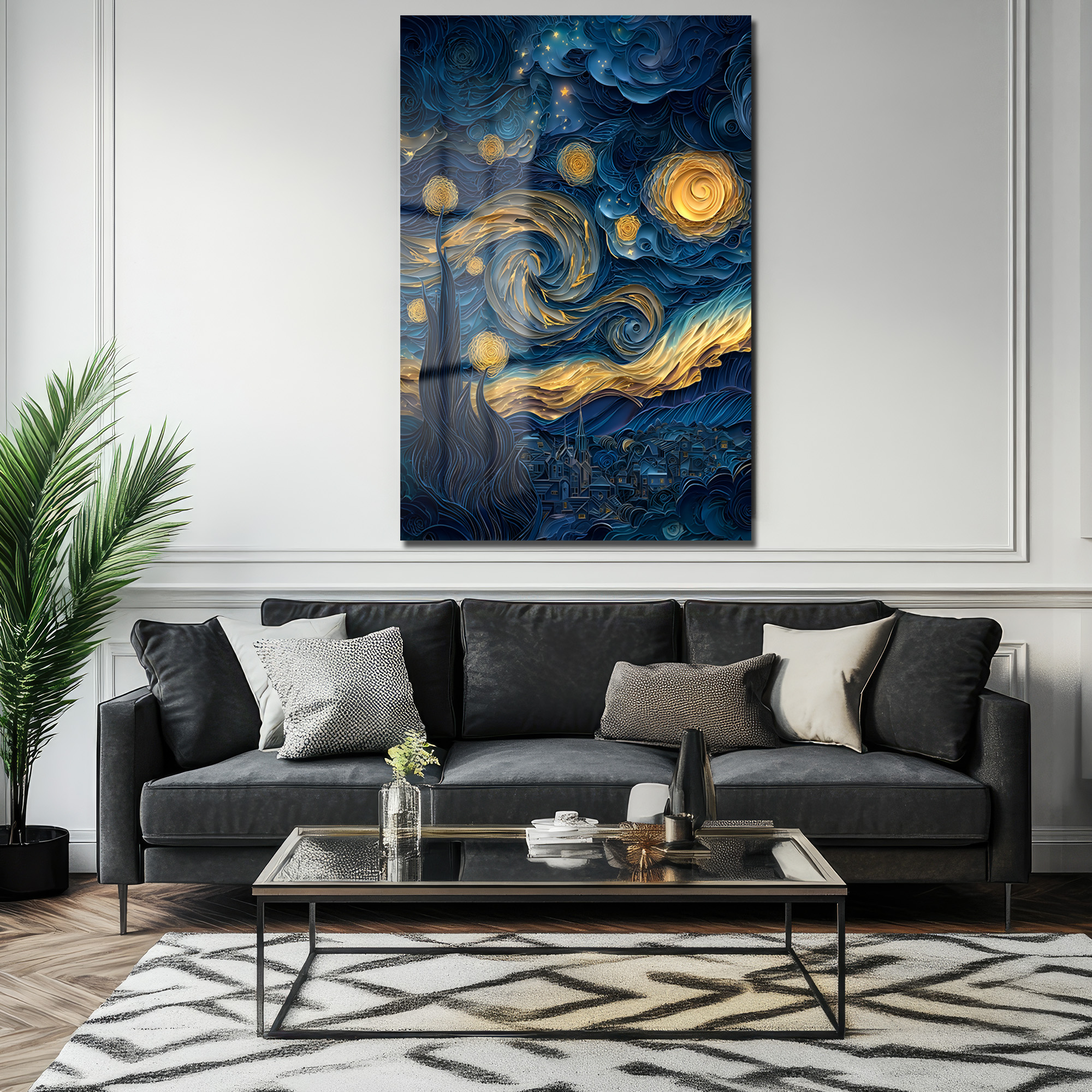Yıldızlı Gece Modern Yorum: Mavi Altın Temperli Cam Tablo Duvar Dekoru Yıldızlı Gece Modern Yorum: Mavi Altın Temperli Cam Tablo