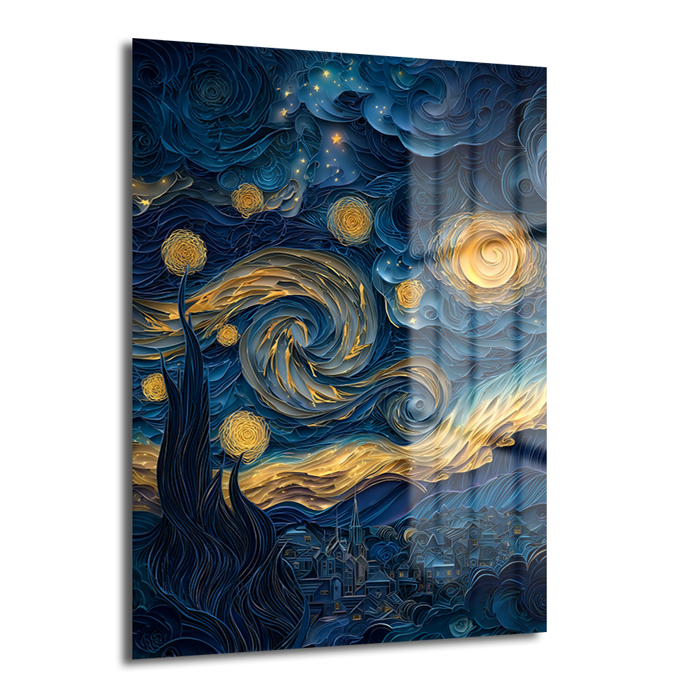 Yıldızlı Gece Modern Yorum: Mavi Altın Temperli Cam Tablo Duvar Dekoru Van Gogh'un Yıldızlı Gece tablosundan esinlenilmiş, mavi ve altın tonlarında girdaplı desenlere sahip temperli cam tablo, modern salon dekorasyonu için.